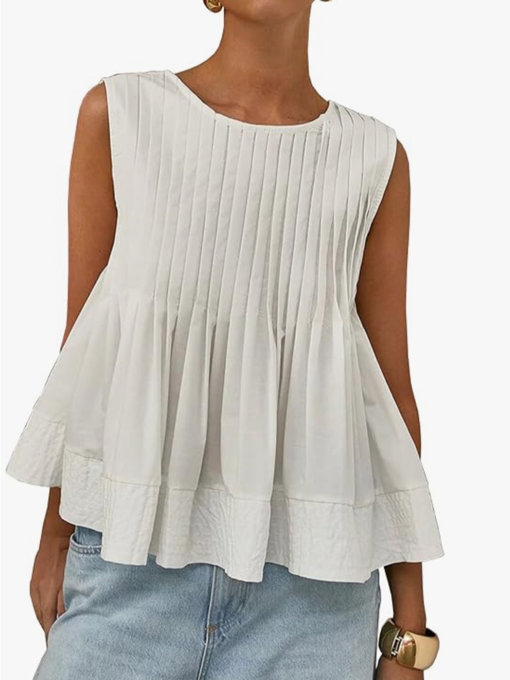 Women’s White Pleated Sleeveless Peplum Tank Top